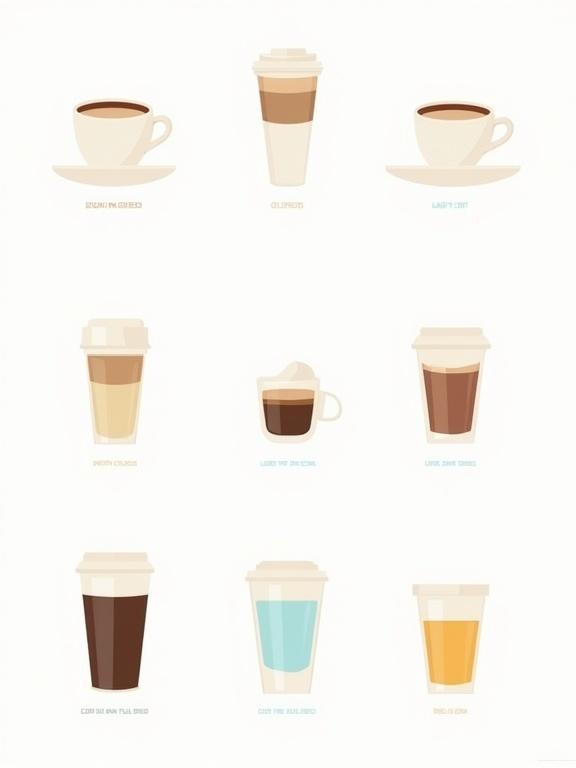 Infographic featuring six types of drinks displayed in a 2x3 grid with minimalist illustrations on a white background. Each cup shows layered contents and is clearly labeled with ingredients. Color scheme favors CMY over Black for eco-friendly printing. No solid black fills used, only colored outlines. Includes espresso, latte, mocha, cappuccino, americano, and tea with specific ingredient layers and colors. Clean sans-serif fonts and bold borders are used. Footer mentions eco-printing optimization.