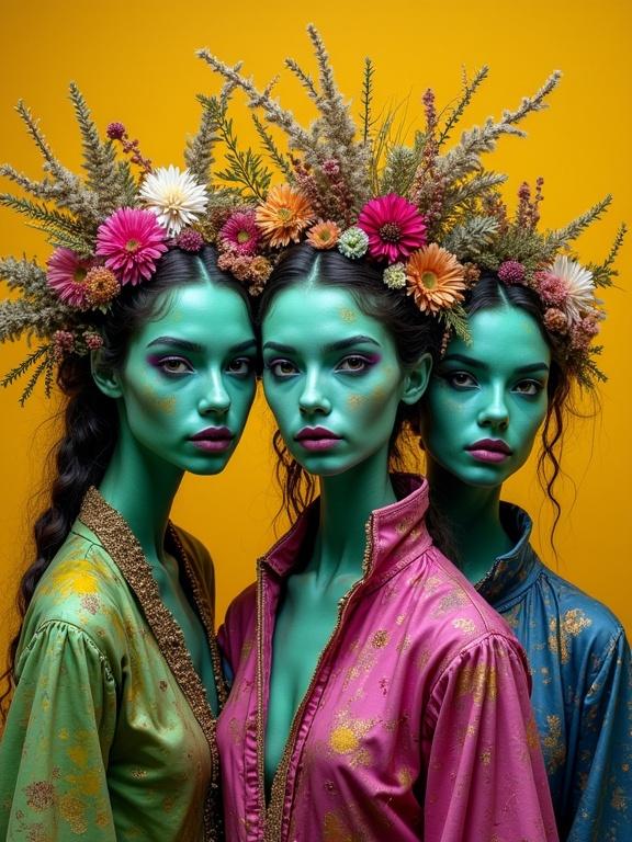 Surreal whimsical portrait featuring three women with green skin. Models wear eccentric clothing in green and magenta. Background is bright yellow ocher, floral headpieces enhance the look.