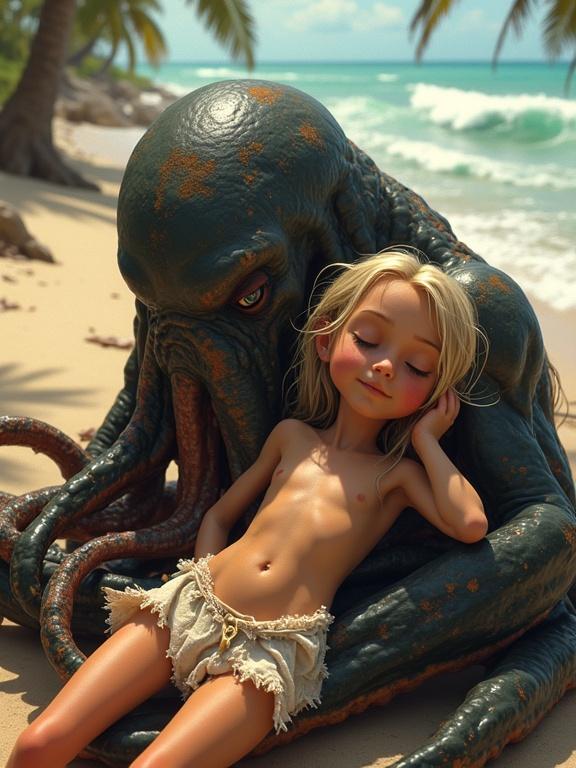 Fantasy beach scene with a tribal girl resting on the sand. She wears a translucent loincloth. Cthulhu creature cuddles her. Ocean waves crash in the background. Palm trees are visible. Sunny atmosphere. The girl has disheveled blonde hair. Her eyes are closed. Cthulhu appears friendly and protective. Beach symbolizes safety.