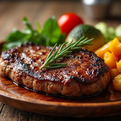 A grilled steak garnished with rosemary served with fresh vegetables on a wooden plate.
