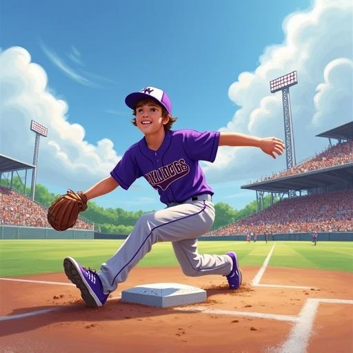 13 year old baseball player in a purple and white Bulldogs uniform slides into a base. Gray baseball pants worn. Stadium full of spectators appears in the background. Vibrant blue sky with fluffy clouds overhead.