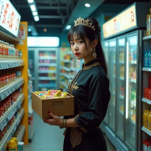 Female shopkeeper styled as a medieval queen in modern convenience store uniform. Royal touches with gold embroidery and small crown. Performing stock replenishment at night holding box of snacks. Shelves filled with drinks and noodles. Photorealistic style.
