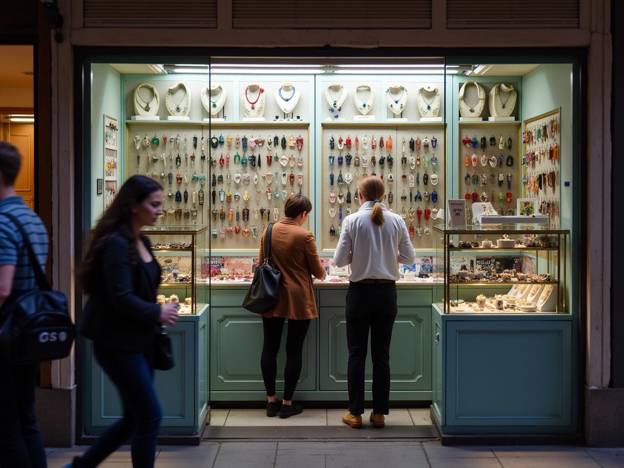 The image shows a jewelry store located within a bustling shopping area. The storefront is glass, allowing customers to see the various jewelry pieces displayed inside. There are two people inside the shop, one of whom is examining some jewelry while the other is attending to them. The walls behind the display are adorned with racks filled with colorful jewelry items. Outside, there are shoppers passing by, suggesting a vibrant market atmosphere. The lighting inside the store is bright, highlighting the intricate designs of the jewelry.