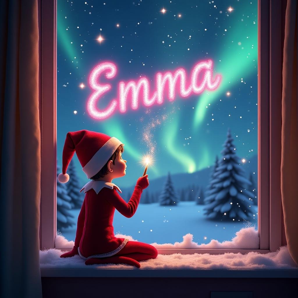 Elf sits on window ledge looking up at the sky. Using wand to write name 'Emma' with sparkles. Background features Christmas scene with stars and colorful northern lights. Elf wearing red outfit and pointed hat. Snow on window ledge adds winter charm.