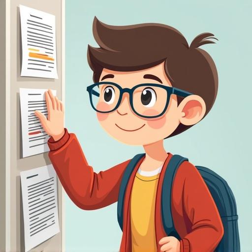 Cartoon image featuring a young university student selecting an academic subject from a board covered in papers. The student has glasses and a backpack.