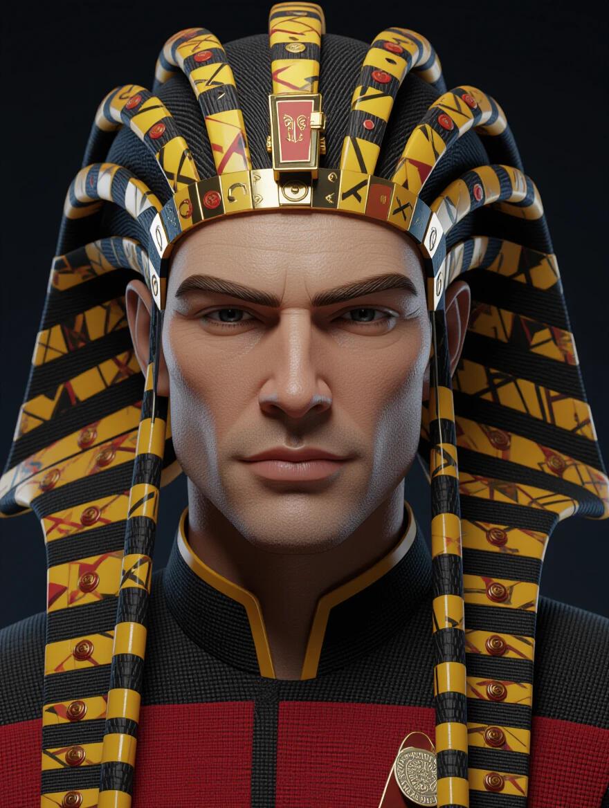 3D portrait of a Klingon male character with intricate headdress. Mixed media art style enhances depth. Detailed facial features.