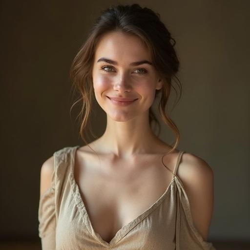Portrait of a young European woman in a linen dress. She has brown hair tied back and fair skin. The expression is gentle and elegant. The dress showcases her natural figure in earthy tones. The photography focuses on her upper body with soft shadows and natural lighting.