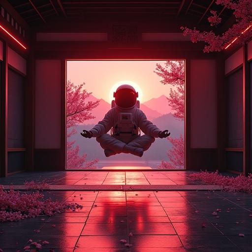 A serene Japanese dojo scene at dusk with deep red and black tones. Cherry blossoms gently falling, contrasting against dark hues. An astronaut levitates in meditation, cross-legged. Cyberpunk features with crimson neon lines and holographic glyphs on the floor. Low moody lighting with shadows creating a monastic feel. A focus bar enhances the futuristic vibe.
