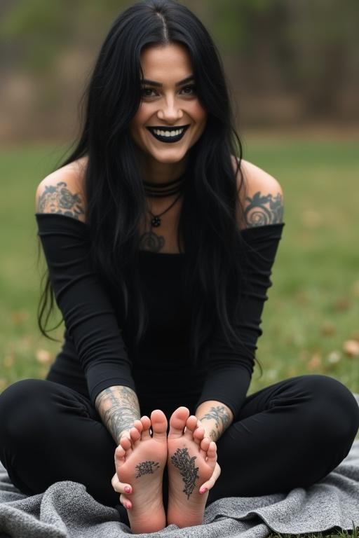 Mature goth woman with long black hair and black lips showing tattooed soles of bare feet. Sitting on a blanket outdoors. She is smiling.