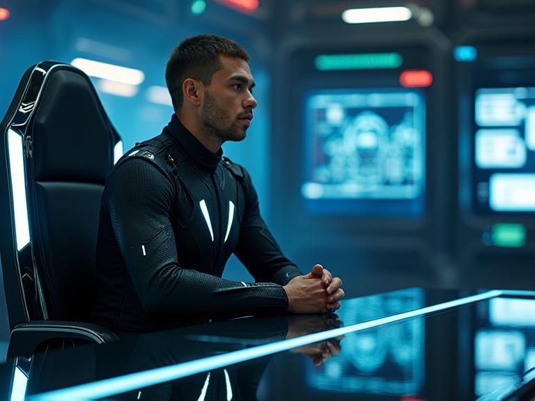 Figure clad in a high-tech suit sits in a futuristic chair. Hands rest on a glossy black table. Backdrop features pulsating lights and advanced technology displays. Character's posture radiates authority suggesting strategic decision. Ethereal glow across the scene.