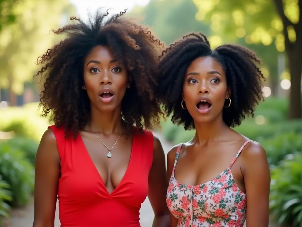 The image portrays two women with vibrant curly hair, each displaying a look of surprise. They are outdoors in a lush park setting, surrounded by greenery. One woman is wearing a red dress, and the other a floral-patterned top. Their expressions are wide-eyed and open-mouthed, conveying shock or amazement. The soft sunlight illuminates their faces, capturing the moment beautifully. This candid moment highlights their natural beauty and stylish outfits.