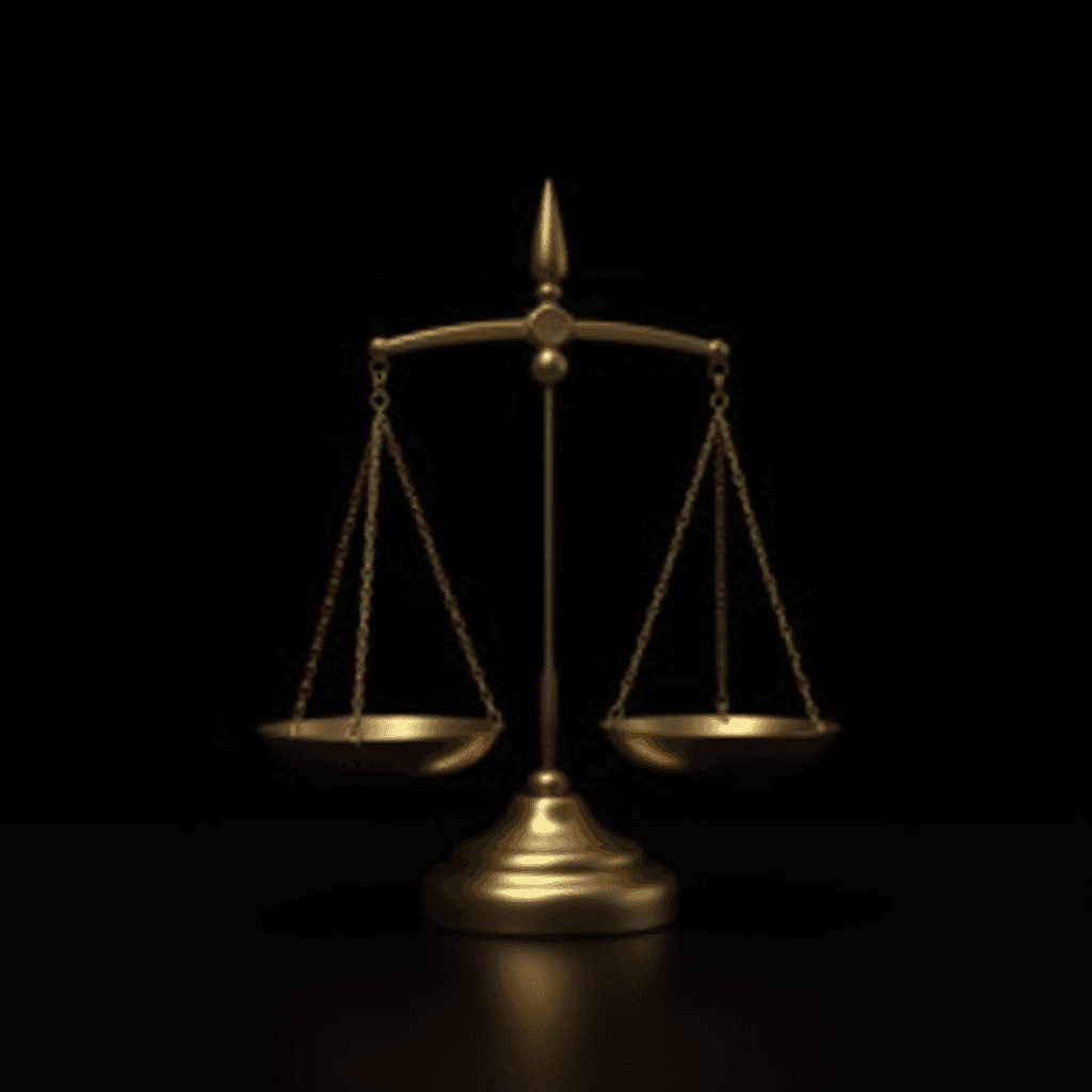 A golden balance scale stands against a dark background, symbolizing justice.