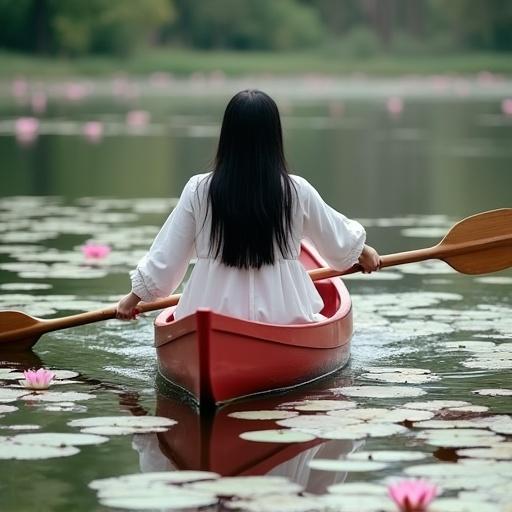 A woman with long black hair rows in a red kayak. She is wearing a white long-sleeved dress. The scene features a calm pond with lily pads and pink water lilies. Soft natural light creates a peaceful atmosphere.