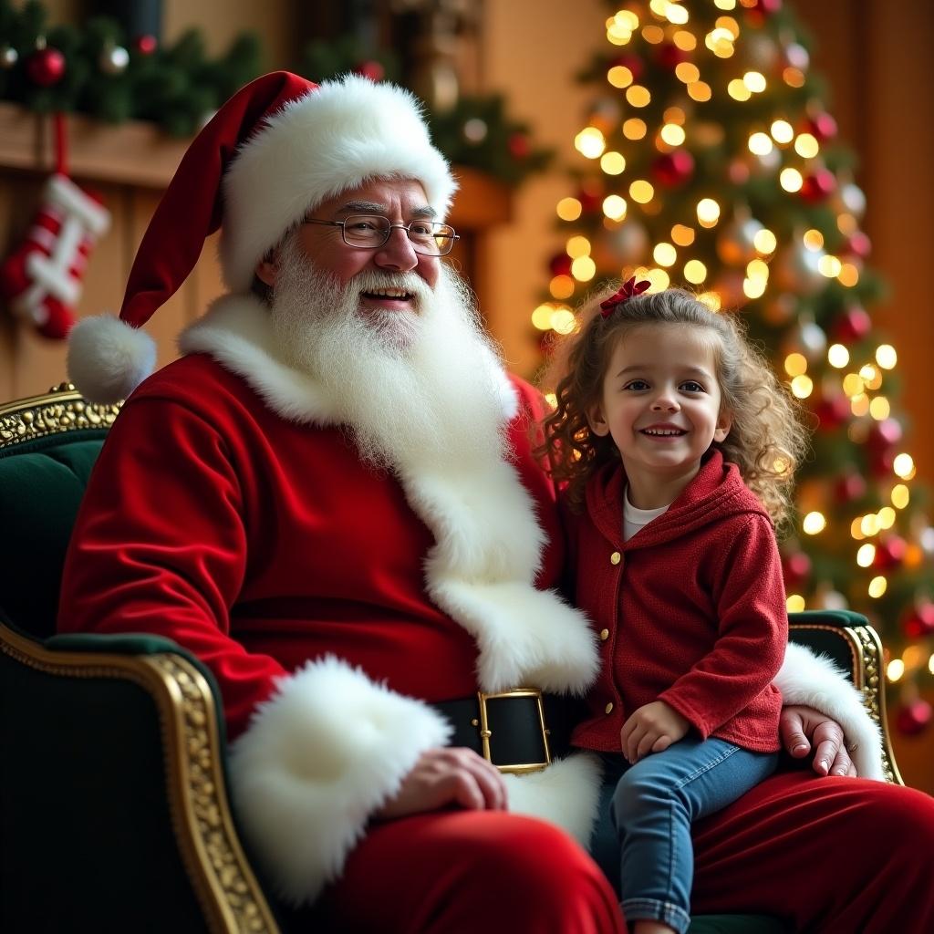 Photo realistic Santa Claus sits in a sleigh with a joyous expression. A photo realistic child beside him. Surrounded by festive decorations. Beautiful Christmas tree in the background. Evokes joy and warmth.