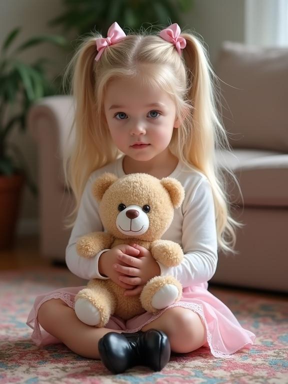 Amateur photo of a girl in a snug white top and pink mini skirt. She has blonde twin tails tied with pink bows. The girl sits on a colorful rug in a cozy living room hugging a teddy bear. She looks unsure as she gazes at the camera.