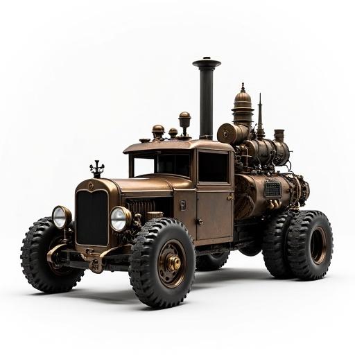 A utility vehicle heavily modified in steampunk style. The base resembles an old truck or car dominated by a large vertical boiler and complex steam engine. Features multiple pipes, valves, a chimney, and visible gears. The driver's seat is open. The tires are rugged. The machine appears powerful and industrial. Background is white to focus on the vehicle's intricate mechanical details.