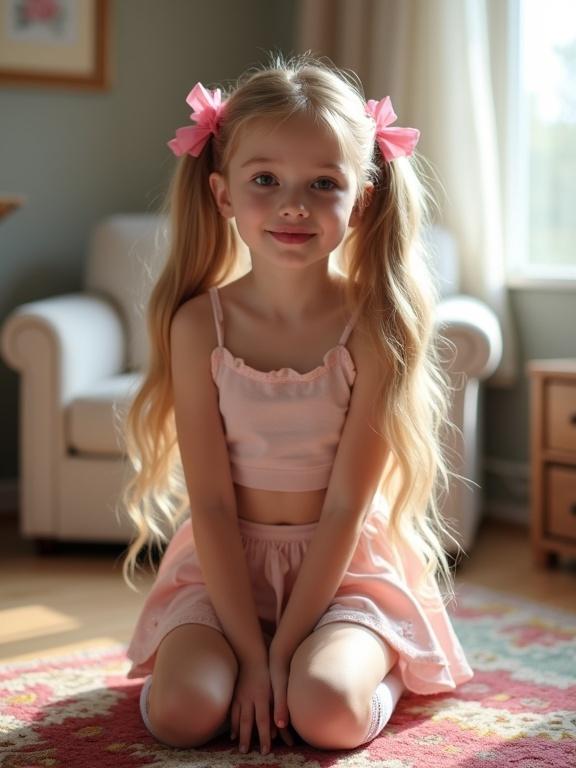 Girl with long blonde hair in twin tails. Pink bows in hair. Kneeling on a colorful rug. Soft light in living room. Wearing a crop top and pale pink skirt. Thigh-high lace socks. Simple black shoes. Flirty smile. Beautiful face. Hands on sides.