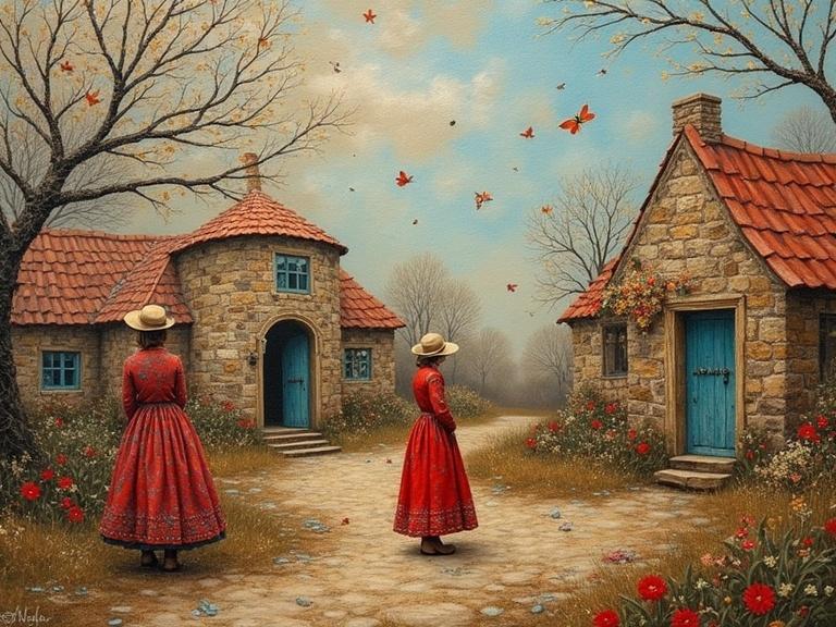 Serene landscape with two women in red dresses standing on a path between two stone cottages. Butterflies flutter in the sky. Beautiful flowers grow alongside the path. Soft warm lighting highlights the scene.