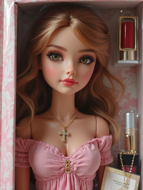 Doll in a blister package. Doll features long hair and soft makeup. Accessories include a cross necklace and lipstick. A notebook and stick are displayed nearby.
