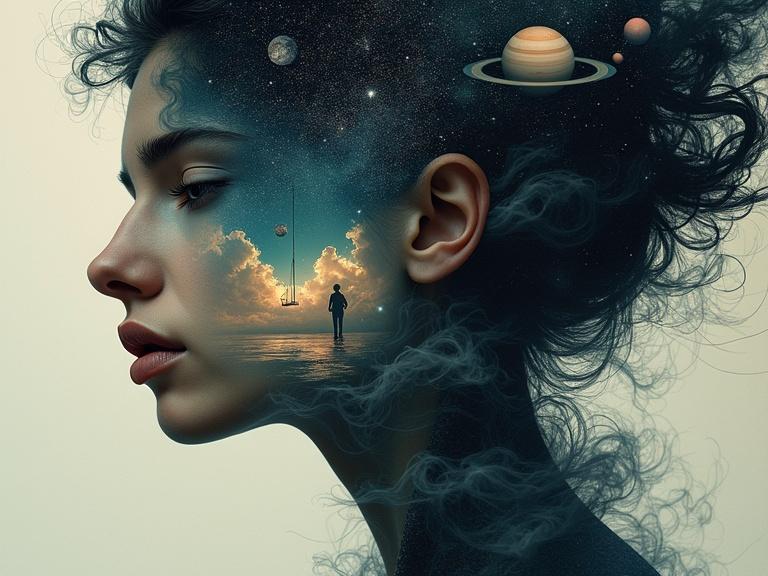 Surreal double exposure portrait of a woman with a dreamy expression. Face and body dissolve into night sky. Elements include swing, door to clouds, toy horse on Saturn. Hair turns to black smoke. Blends realism and dreamlike distortion with rich textures.