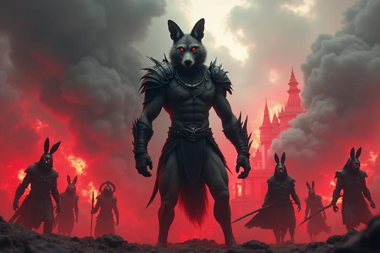A towering gray jackal stands on two legs. Kalnemi has glowing red eyes and wears black armor. His fur has scratches. Shadowy smoke emanates from him. Hooded rabbits and dogs stand behind him. They wield weapons and have glowing red eyes. A vibrant palace under siege is in the background. The scene is full of vivid reds and blacks.