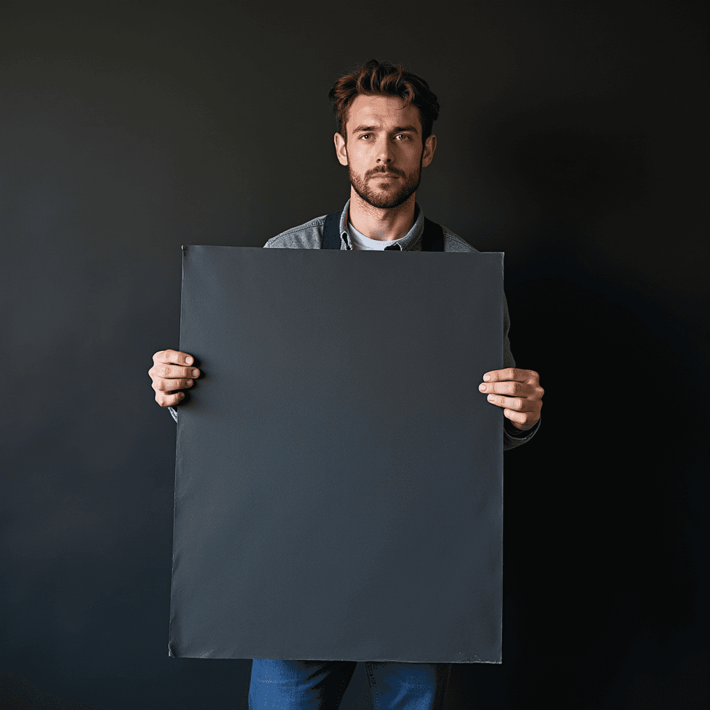 A man holds a large, blank black canvas against a dark backdrop.