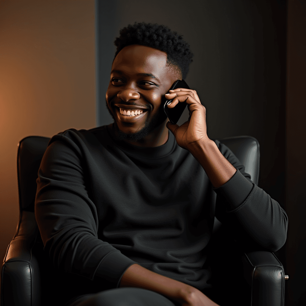 A smiling man in a black sweater sitting in a chair, talking on a phone in ambient lighting.