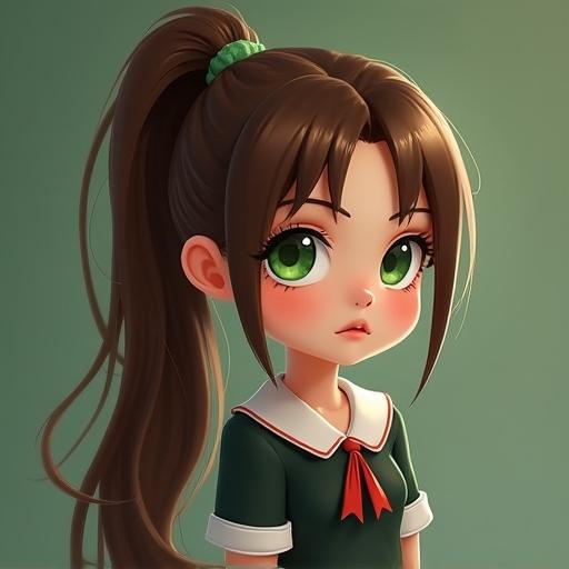 A mocking girl with tall brown hair in a ponytail. She has light green eyes and a cute expression. The character design is whimsical and tall.