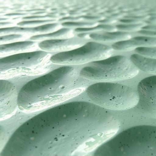Image of a surface with concentric rippling waves in a matte light green color. The texture appears as speckled glazed clay. The view is from a high altitude.