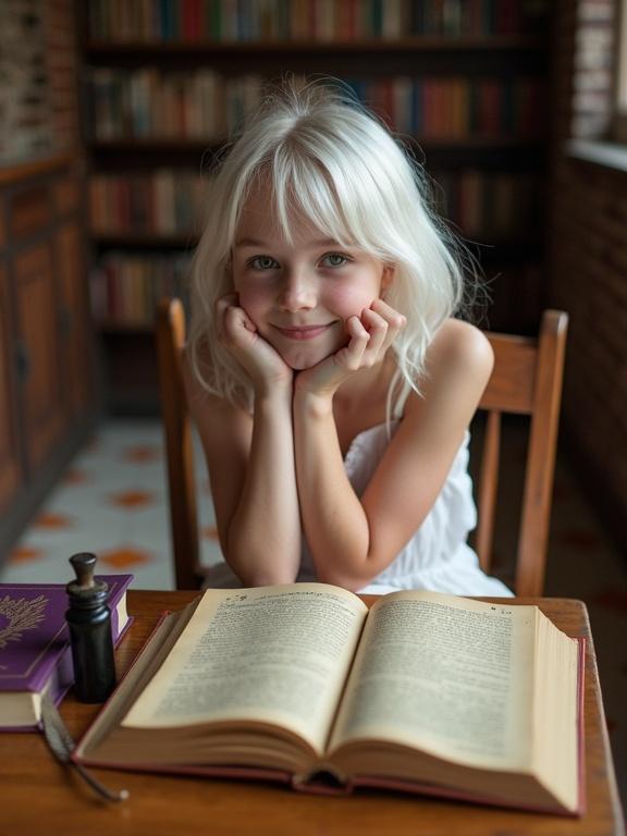 Photograph of a girl with white hair and green eyes sitting on a wooden chair in a library wearing a white dress and barefoot. She leans her head on her hands, smiling slightly. The background has a brick wall and bookshelves filled with books. An open book rests on a table with a black inkwell and quill. A purple book is on the floor. The lighting is soft and natural coming from the left.