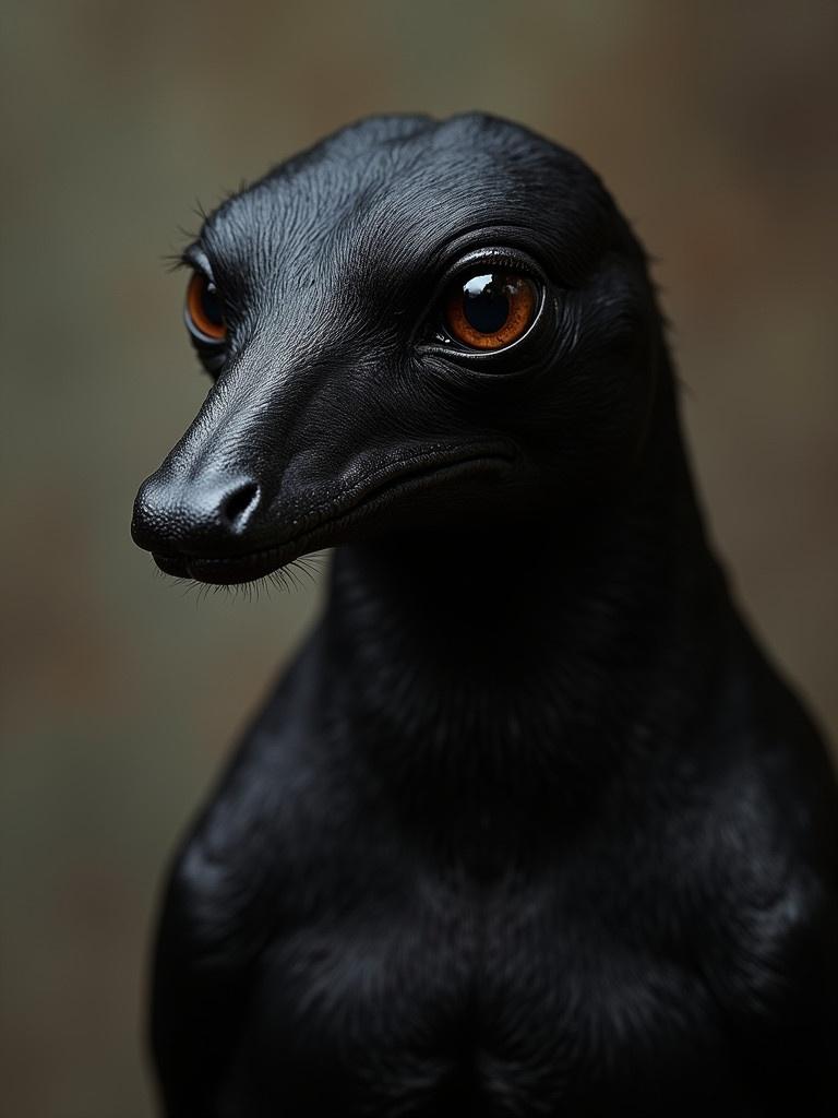 Close-up portrait of a fictional black creature with large orange eyes. The creature has a sleek, smooth texture and an expression that suggests contemplation. The background is softly blurred to emphasize the creature's features.