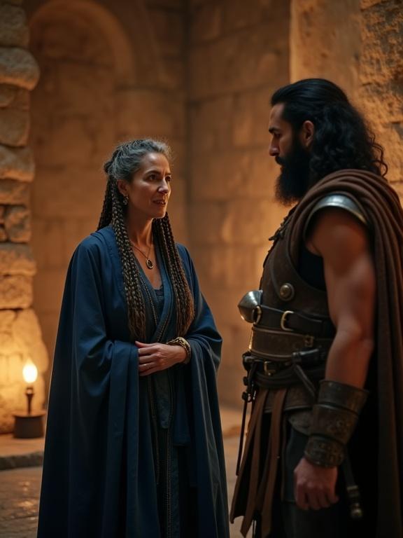 Cinematic scene inside a stone dwelling. Two characters converse. A wise Israelite woman in deep blue robes speaks authoritatively. A rugged military commander stands with leather armor. Tension fills the air. Shadows from lamps dance on stone walls.