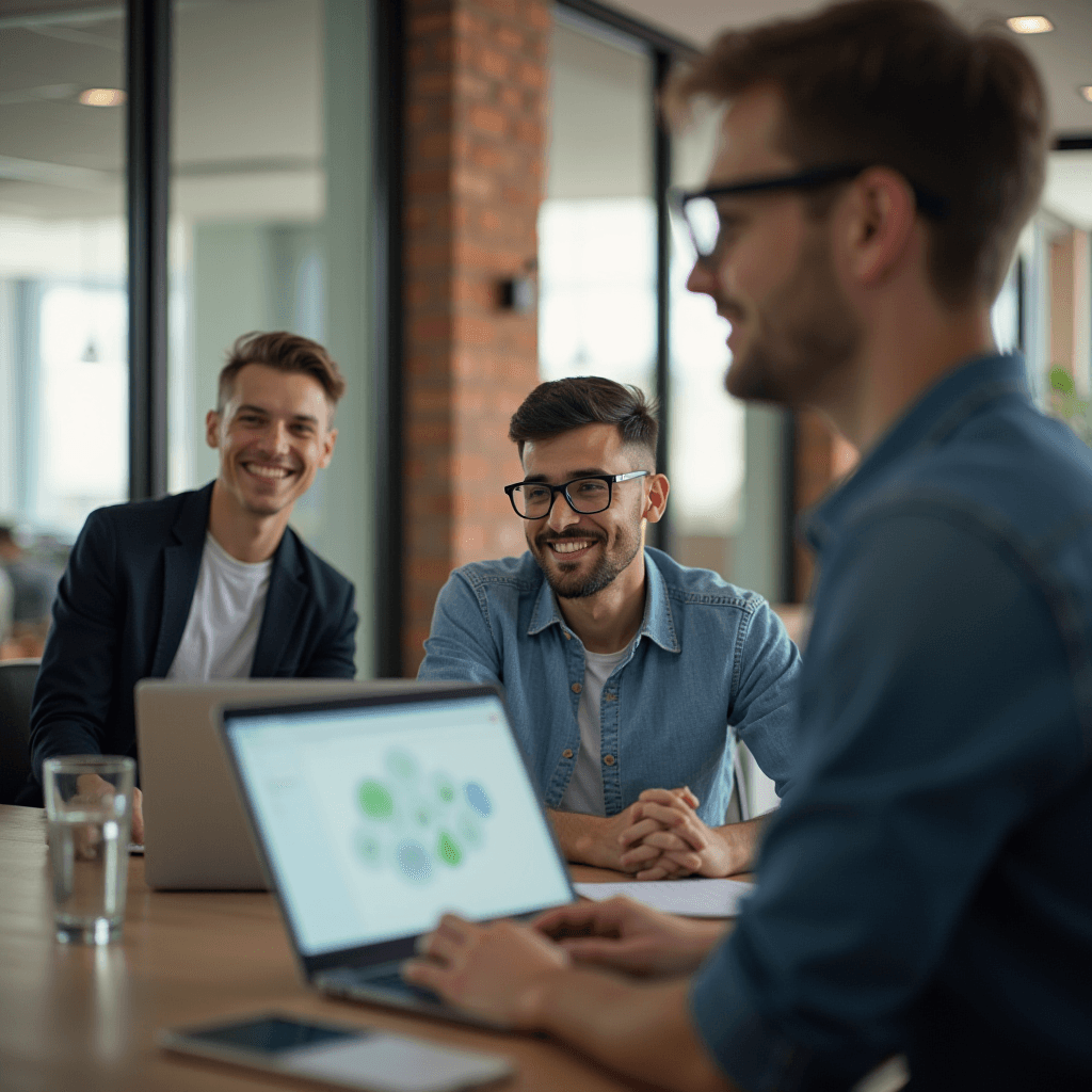 A group of young professionals engaged in a team meeting around a conference table with laptops.