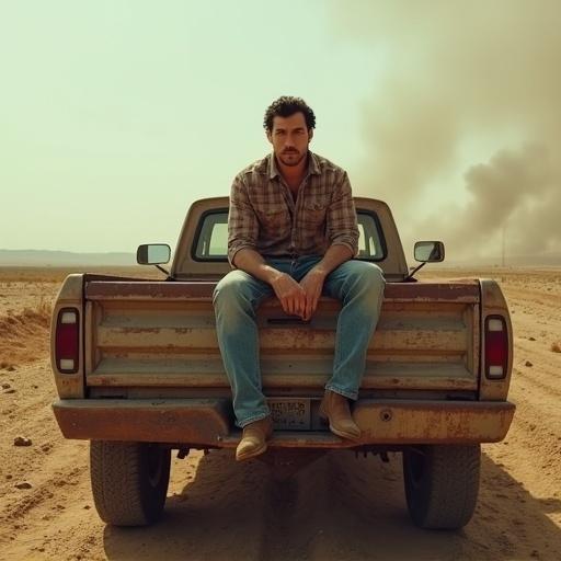 Dry farmland landscape with smoke in the sky. A man sits on a rusted old Dodge Ram truck. He wears sun-faded flannel shirt, worn denim jeans, and dusty leather boots. Strong build, calm expression, reflective eyes. The land shows cracks. The scene conveys endurance and survival in a harsh environment.
