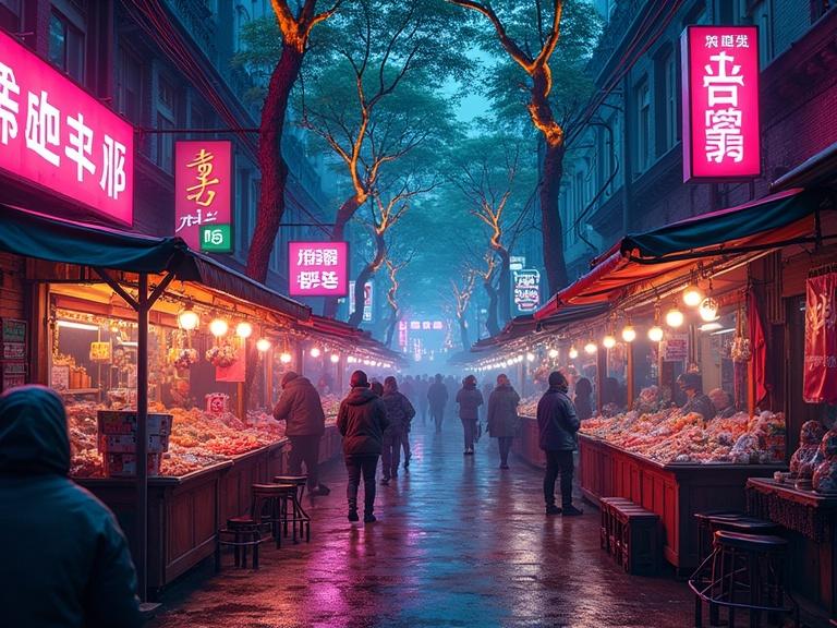 Street vendors under glowing neon foliage with urban Fauvism style. Cyberpunk palette featuring digital impasto techniques. Scene appears chaotic and humid with vibrant fuchsia and teal glows. Street-level view includes vertical neon trees and stylized signage showing painterly fabric textures.