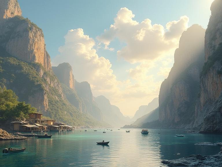 Scenic view of a tranquil valley surrounded by mountains. Calm water reflects the surroundings. Soft golden light bathes the landscape. Small boats dot the water. Lush greenery and dramatic cliffs create a serene atmosphere.