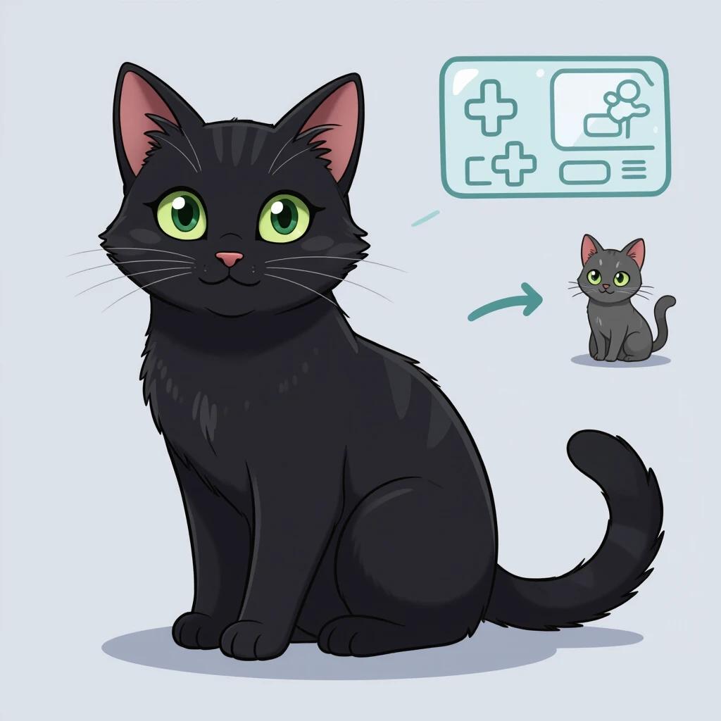 Create a character image for a virtual pet game featuring a black cat. Design with large green eyes and a friendly appearance. Include a small version of the cat interacting with game interface.