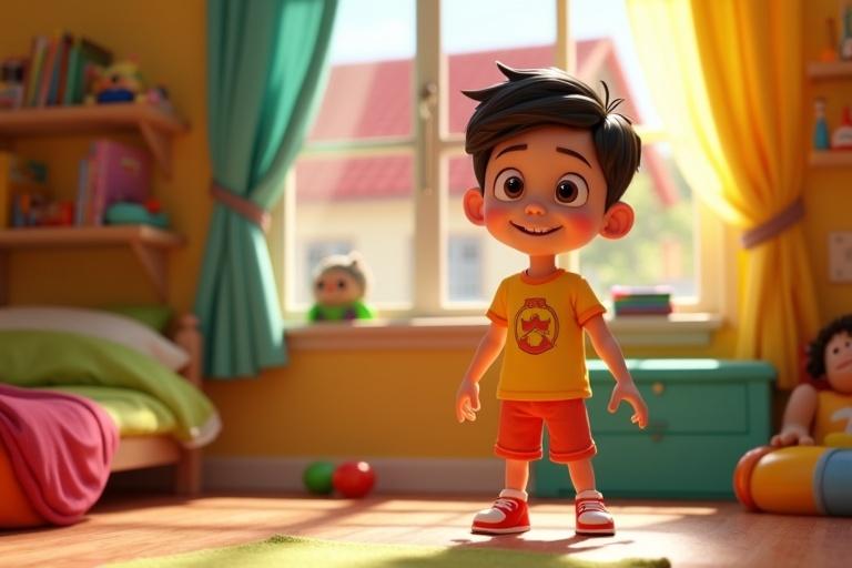 A lively 3D animated scene showing a 5-year-old boy in his colorful bedroom. He has bright eyes and a playful smile. He wears a vibrant T-shirt and shorts. The boy stands in a room filled with toys. Sunlight shines in through the window casting a warm glow. The room has bright colors like yellow, green, and blue. A red-roofed house can be seen outside the window.