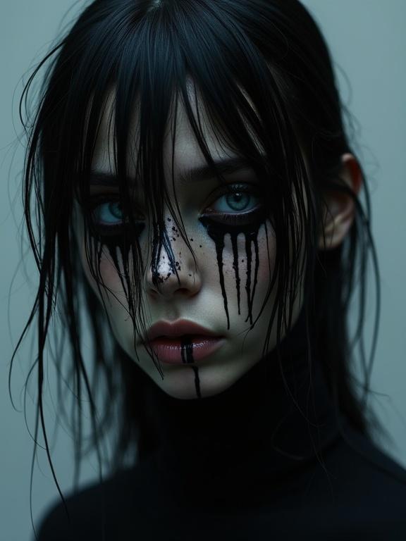 Close-up portrait showcasing a tormented soul with big shiny blue eyes. Features wet black hair with dripping paint effects. Grey background enhances the minimalist surreal atmosphere. Influences from Jackson Pollock visible in the style.
