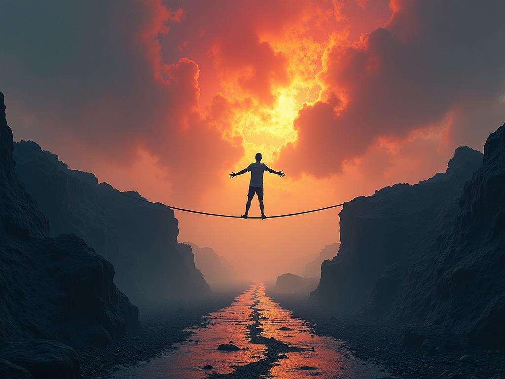 A figure stands on a tightrope, balancing above a canyon. The scene is set during sunset, with fiery orange and yellow clouds dominating the sky. The landscape is rugged, with towering rock formations on either side. Below the tightrope, a reflective path meanders through the canyon, creating a sense of depth. The overall mood conveys a mix of adventure and introspection, suggesting a challenge or journey.