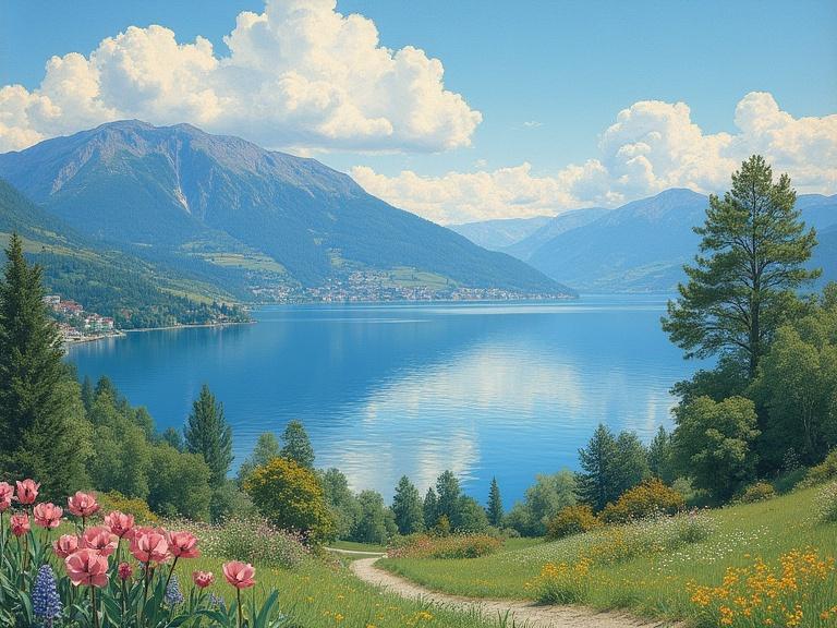 A serene view of Lake Geneva from Chexbres. Lush green hills surround the lake, with vibrant flowers in the foreground. Mountains rise in the background under a clear blue sky dotted with clouds. The lake reflects the serene environment, showcasing nature's beauty.