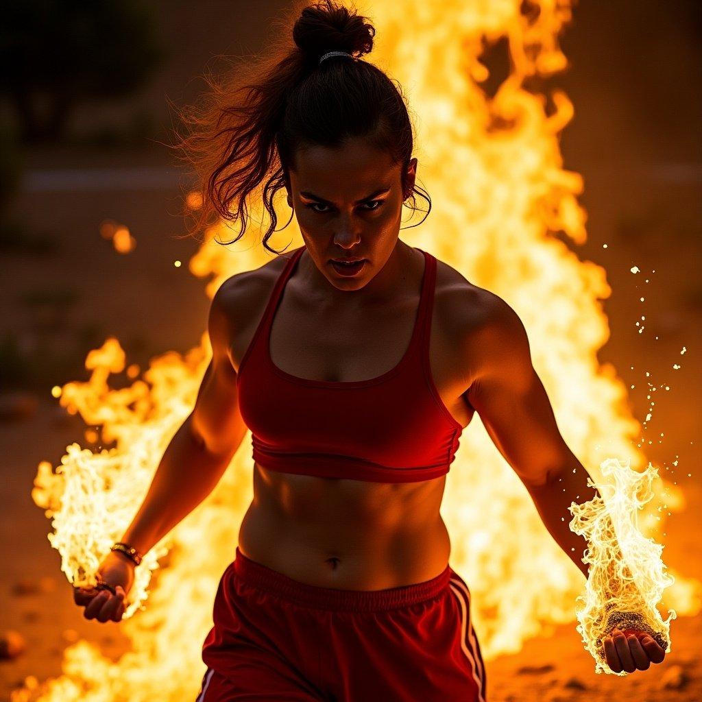 A person in a red sports outfit surrounded by flames. The background is blurred, focusing on the person. The fire creates a dramatic effect. The setting appears outdoors, possibly during sunset or a similar time of day, reflecting warm colors.