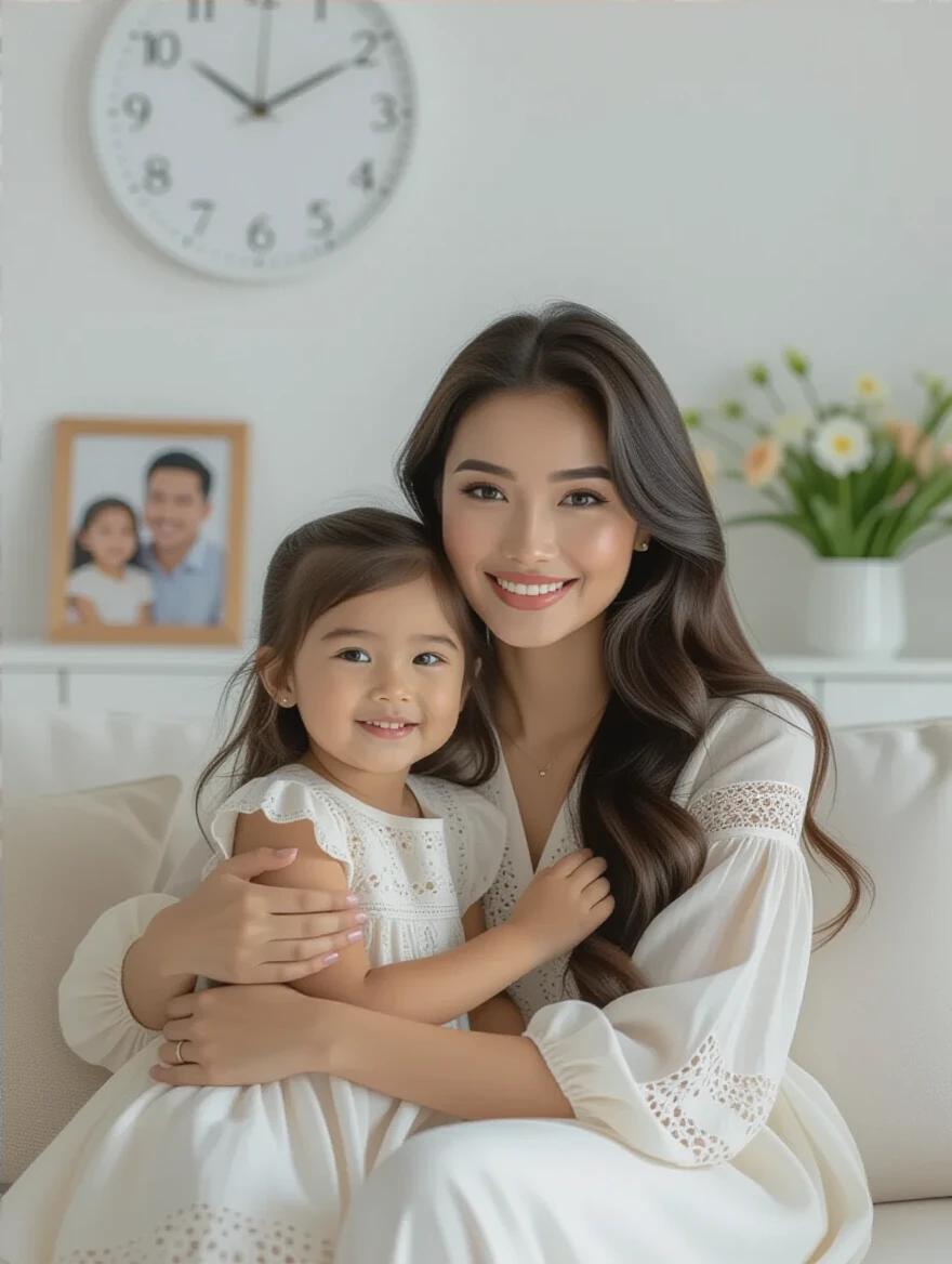 4K photo showcasing a young Indonesian woman with natural makeup embracing her daughter. The duo is seated comfortably on a sofa in a bright, white room. The mother wears an elegant dress as they share a tender moment. The background features a family photo with happy memories, a stylish wall clock, and an indoor flower plant.