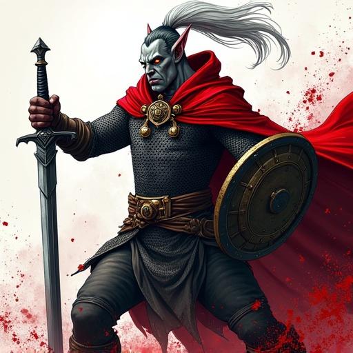 Colored sketch of a tall male tiefling swinging a black longsword. Ash-gray skin with amber eyes. Long silver hair in a high ponytail and sleek black horns. Wears a chainmail shirt and a red cloak. Shield on his back with blood splashing around. Intense action pose with bold colors and thick outlines.