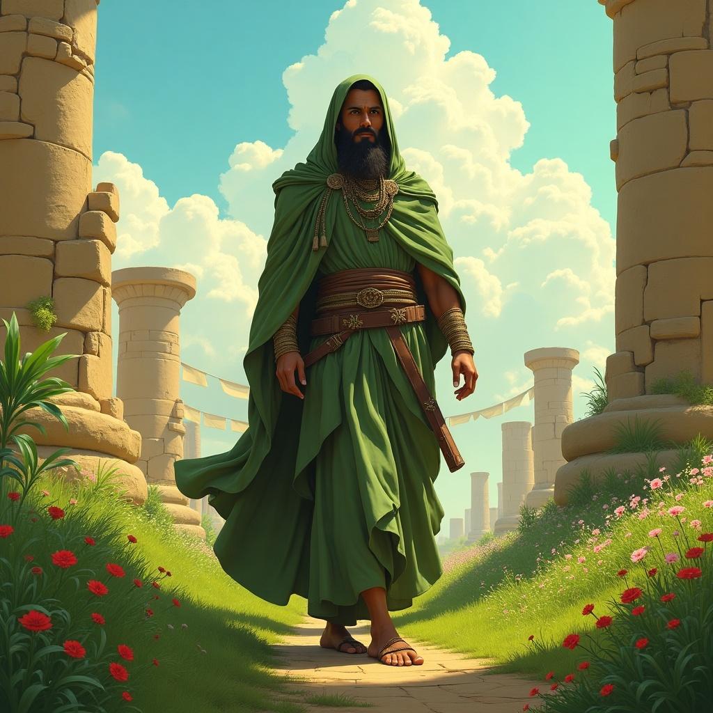 A man dressed in a green cloak walks on a sunny day. He has a beard and stands confidently among columns. The landscape is adorned with flowers and soft clouds.