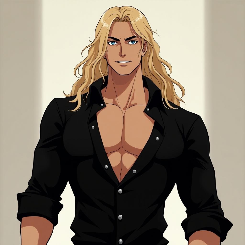 Image of a muscular male with long blonde hair. He wears a tight black shirt that highlights his physique. The background has soft lighting to enhance his form.