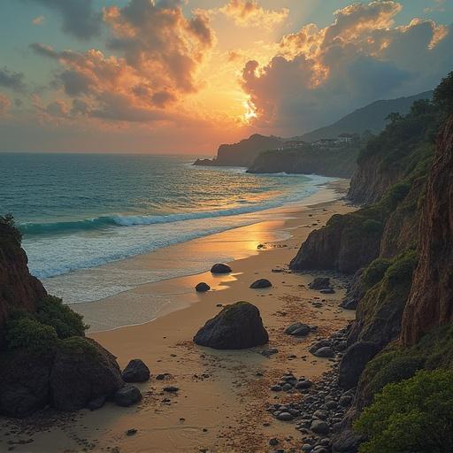 Scenic view of a beach during sunset with waves crashing and rocks along the shore. Vibrant colors fill the sky. Natural beauty captured.