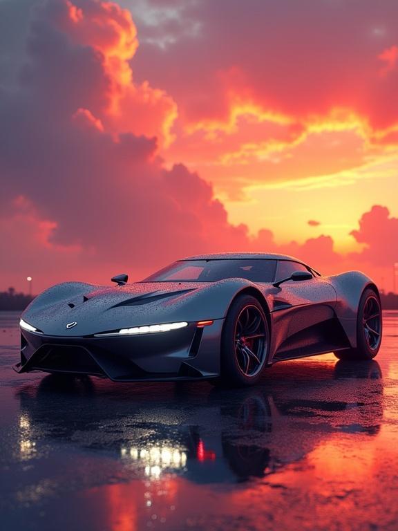 Sleek futuristic sports car parked under dramatic sunset with sharp metallic reflections. Cinematic lighting creates strong rim highlights. Realistic surface textures stylized like graphic novel cover with thick comic lines. Rotoscope-inspired realism in adult cartoon style with glowing headlights and painterly depth.