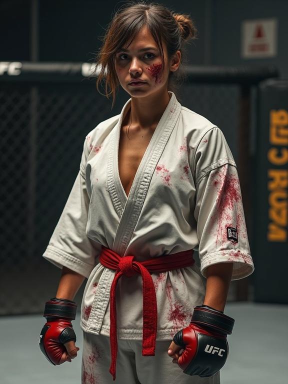 Athletic woman with asymmetrical hairstyle in worn-out karate gi with bloody smudges. Heavy bruises on face and fists. Exhausted yet focused expression. Set in mma ring.