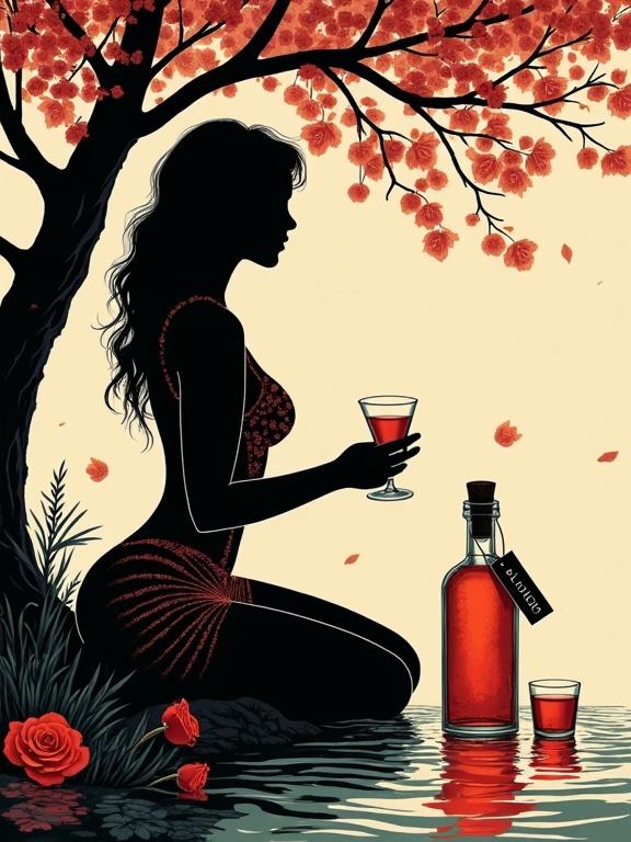 A seductive silhouette artwork depicts a sensual scene by a pond in an orchard. A voluptuous woman wearing a sheer dress sits under a blooming rosebush. She holds a shot glass of red liqueur. An apothecary bottle labeled 'ALFRUNO' glows beside her. Roses and rosemary add natural accents. The composition is in black against a beige background, giving a classical feel.